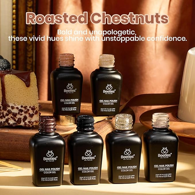 Beetles Brown Gel Polish - 6 Colors Nude Brown Neutral Beige Khaki Glitter Gold Gel Nail Polish Set Roasted Chestnuts Collection Uv Gel Nail Art Manicure