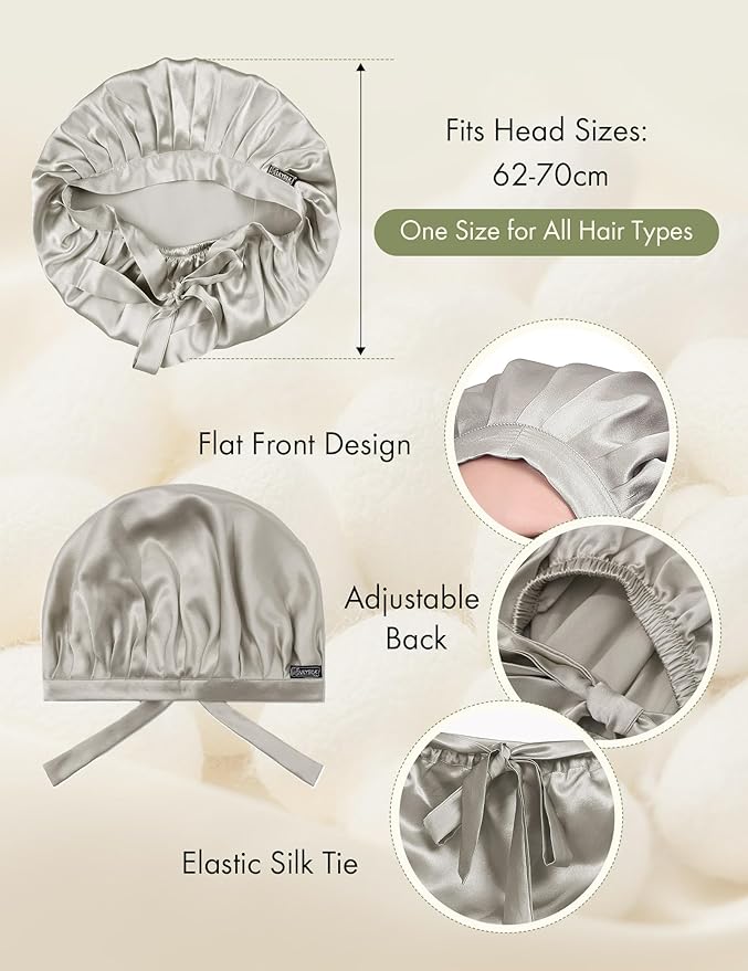 LilySilk 100% Mulberry Silk Bonnet, Silk Night Sleep Cap Adjustable Hair Wrap for Sleeping, Silvergray