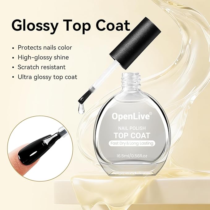 OpenLive 16.5ml Top Coat Clear Nail Polish, Quick Dry Nail Polish High Shine Long Lasting Glossy Fast Air Dry Top Coat for Nail Art Manicure Salon Quality | Clear, Glossy, Nail Art, Manicure