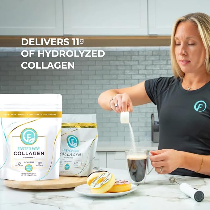 Faster Way - Collagen Peptides - 12g Hydrolyzed Collagen + 11g Protein Per Serving - Hair, Skin & Nails - Amino Acids - Grass-Fed - Sugar, Gluten & Dairy Free - Non-GMO -Unflavored Powder -30 Servings