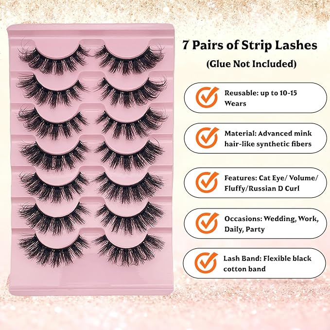 Natgluzie Eyelashes Wispy Lashes Strips - Russian D Curl Strip lashes, 3D Volume Mink Eyelash for Dramatic Look, 7-Pairs Fluffy False Eyelashes