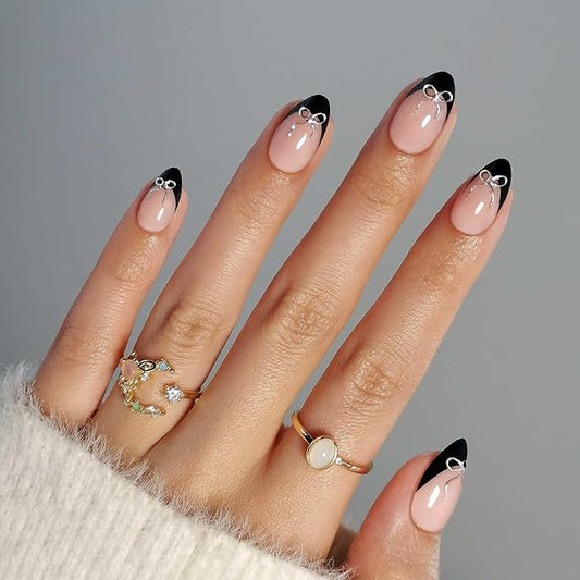 SHANGMENG Black French Tip Press on Nails Short with 3D Bow Design - Soft Gel Almond Fake Nails for Women Gift, Natural Stick on Nails with Glue in 16 Sizes - 32 Reusable Nails, Silver Ribbon