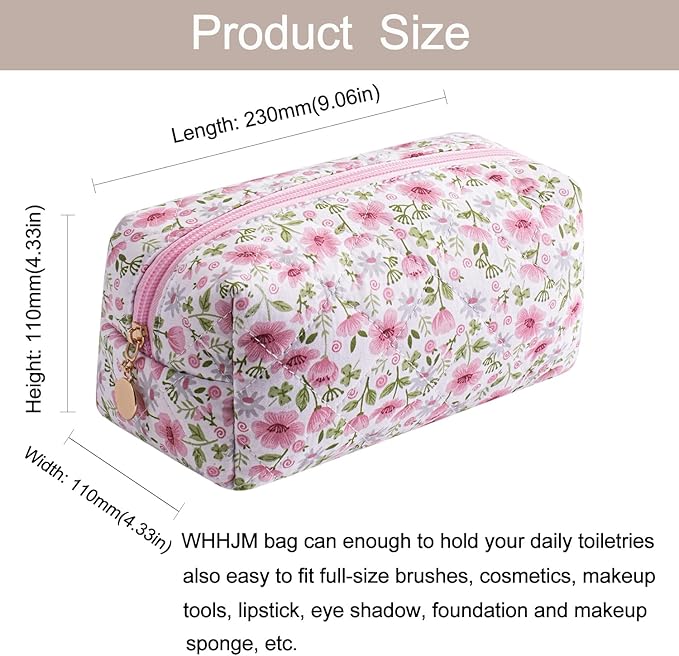 Cute Floral Makeup Bag Small Cotton Quilted Cosmetic Bag, Aesthetic Essential Bag Emergency Bag Gift for Women Girls Travel Accessories (Pink Big Flowers)