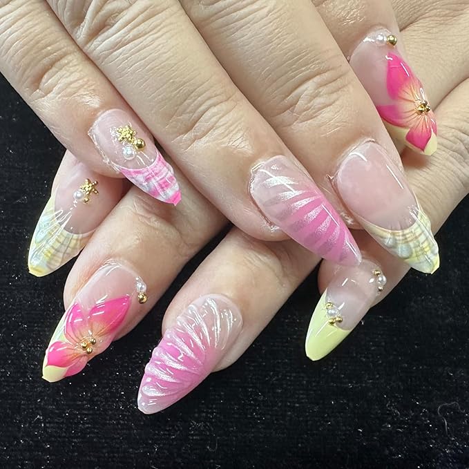 JONKASIPA 24 Pcs Medium Pressed Gel Nails Oval French Artificial Nails Pink Hawaiian Floral Acrylic Nails Full Coverage Women's Manicure Set With Gold Pearls