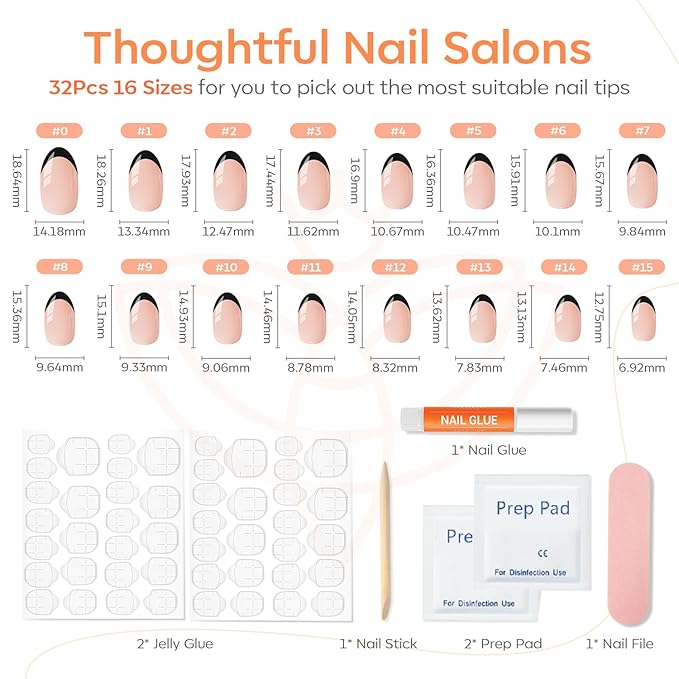 modelones Black French Tip Press On Nails, Short Oval Fake Nails Press Ons with Nail Glue, Adhesive Tabs, Nail File, Prep Pad, Manicure Stick, 32Pcs 16 Sizes
