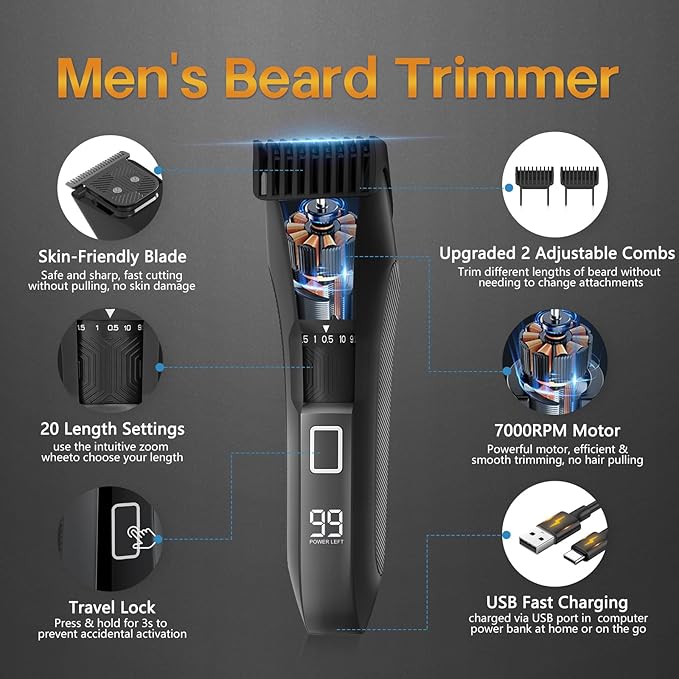 Beatslm Manscape Beard Trimmer for Men, Groin & Body Hair Trimmer, Ball Shaver, Nose Hair Clippers, All-in-One IPX7 Waterproof Men's Wet/Dry Groomer Kit, Rechargeable with Travel Case, LED Display