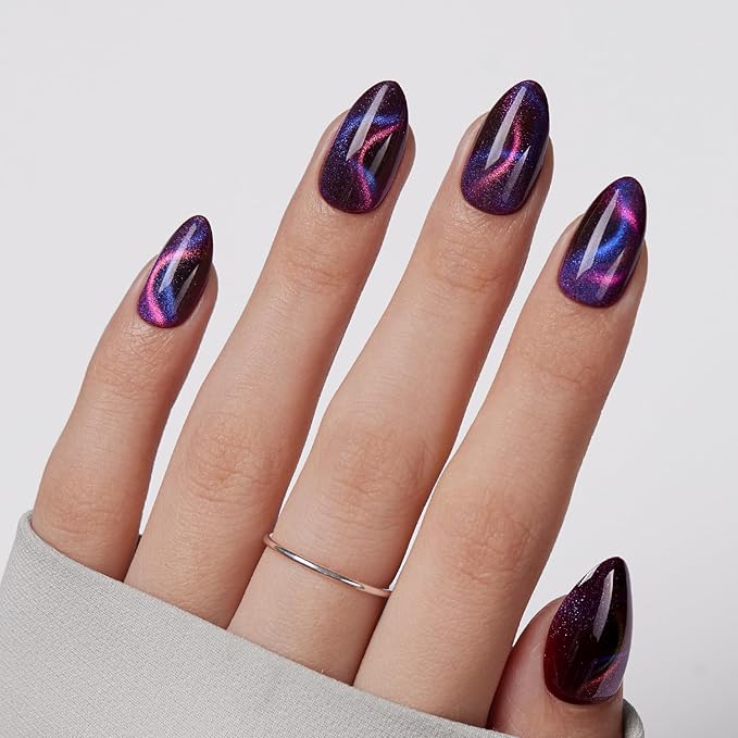 VSALON Press on Nails Short Almond - Dark Purpule Blue Cat Eye Sparkle Ribbon Design Winter Nails for Women, Reusable Opaque Gel Chrome Glue on Nails with Glue & Cuticle Oil - 32 PCS in 16 Sizes
