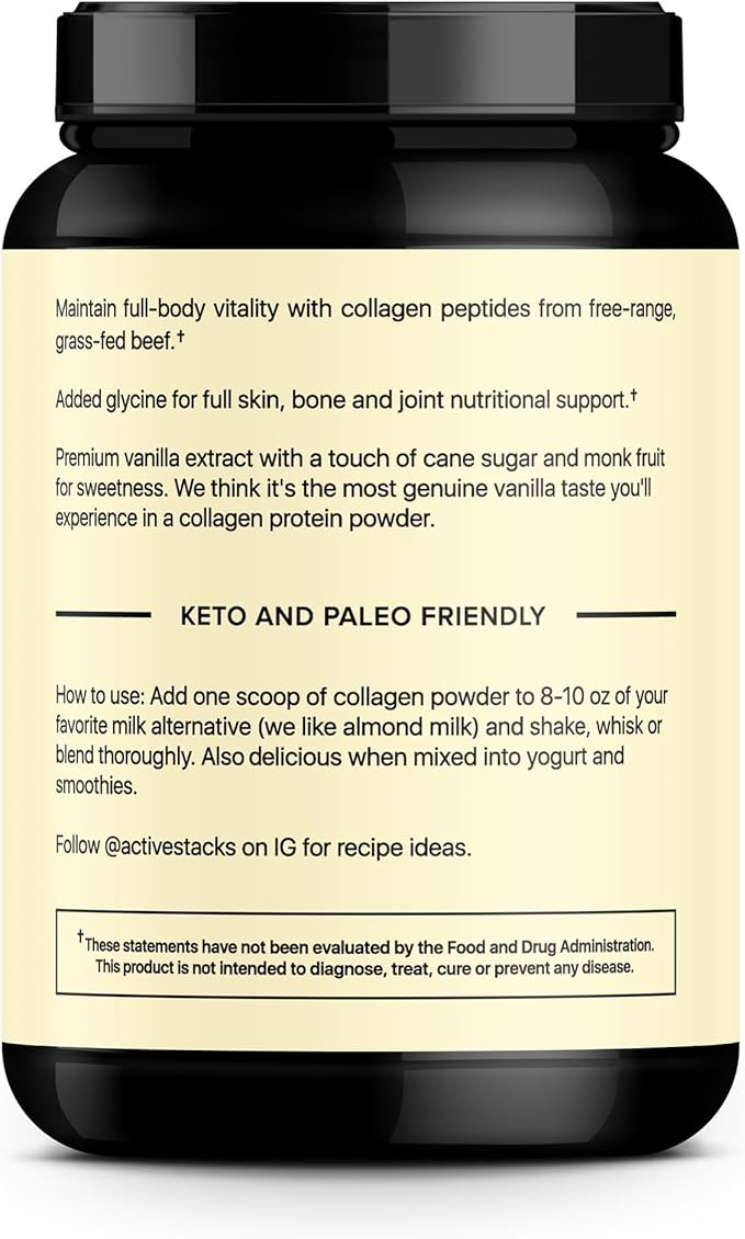 Active Stacks Collagen Peptides Protein Powder, Vanilla - Supports Healthy Hair, Skin, Bones and Joints for Men and Women - Easy-to-Mix Type 1 & 3 Hydrolyzed Collagen from Grass-Fed Beef, 2 Pound