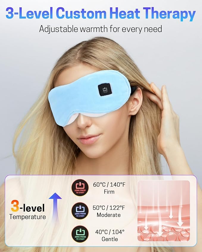 Heated Eye Mask for Dry Eyes, Stye Relief and Improved Sleep - Cordless Rechargeable Warm Compress with Graphene Heating, 3 Temp Settings, Auto Shut-Off, Washable Sleep Mask for Travel