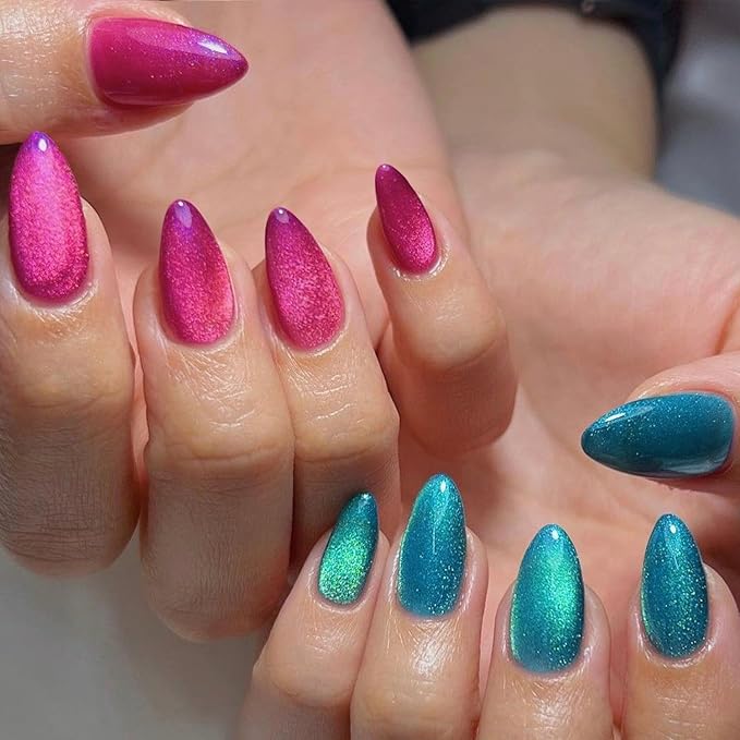 GLAMERMAID Pink Blue Magnet Cat Eyes Press On Nails Short Almond, Aurora Magnetic Handmade Soft Jelly Gel Fake Nails, Ombre Round Oval Stick Glue on Nail Kit for Women, Reusable Acrylic False Nail Set