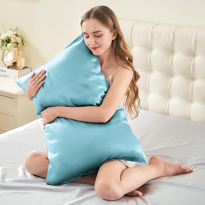 INFIIXSO Mulberry Silk Pillowcase for Hair and Skin, Silk Pillow Cases Queen Size Set of 2 with Hidden Zipper 20"x30", Ultra Smooth and Soft Cooling Pillow Cases for Hot Sleepers(Ocean Mist, 2 Pack)