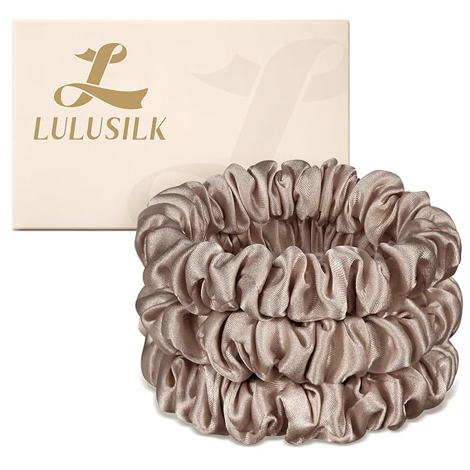 LULUSILK Small Silk Hair Ties No Damage, 100% Real Mulberry Silk, Skinny Scrunchies Ponytail Holders for Thin Fine Hair, Brown, Pack of 3