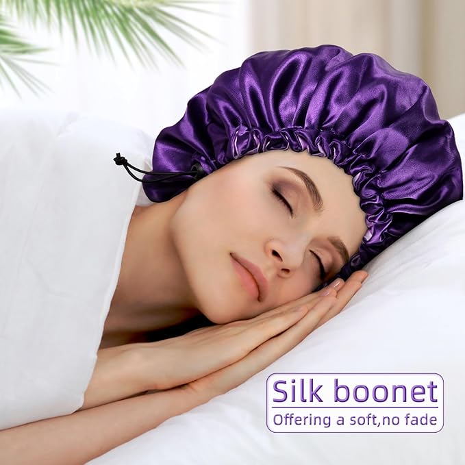 Satin Bonnet Silk Bonnet for Curly Hair Bonnet Braid Bonnet for Sleeping Bonnets for Women Large Double-Layer Adjustable Purple