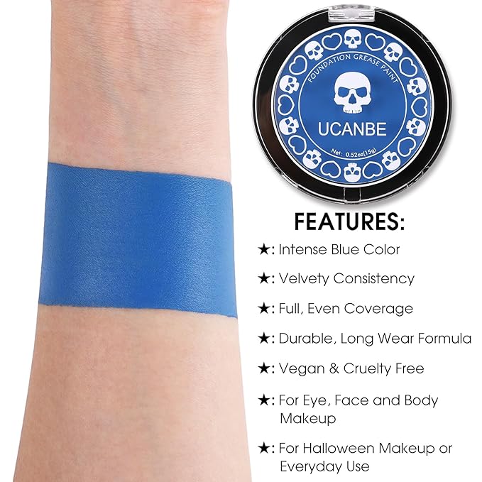 UCANBE Blue Face Body Paint Makeup Foundation, Professional Non-Toxic Greasepaint Palette for Adults Party, Cream Facepaints for Halloween Cosplay Theater Costume Stage SFX Dress-Up Makeup