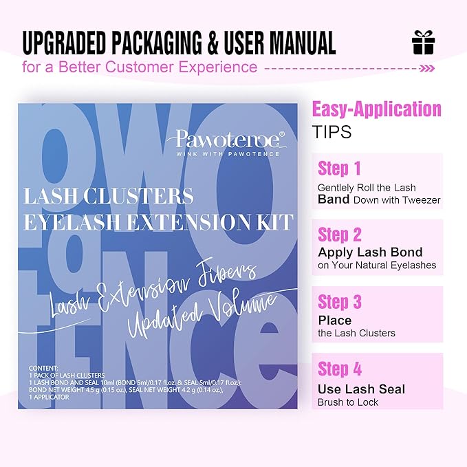 Pawotence Lash Extension Kit DIY 40D 12-18mm Individual Lashes Clusters Kit 280pcs Cluster Eyelash Extensions Kit with Lash Bond and Seal, Tweezers for Self Application (Long 40D, 12-18mm, Kit)