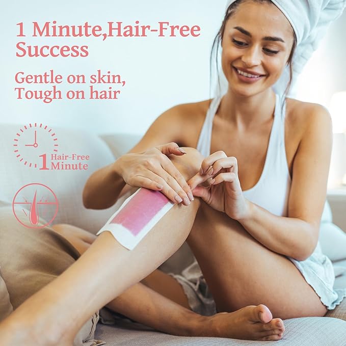 Waxpro Easy Wax Strips for Hair Removal - 60 Counts, 4 Soothing Wipes, No Heat Needed, Quick & Effective Face & Body Waxing Strips for Women, Perfect for Eyebrows, Lip, Leg & Body Hair Removal (Pink)