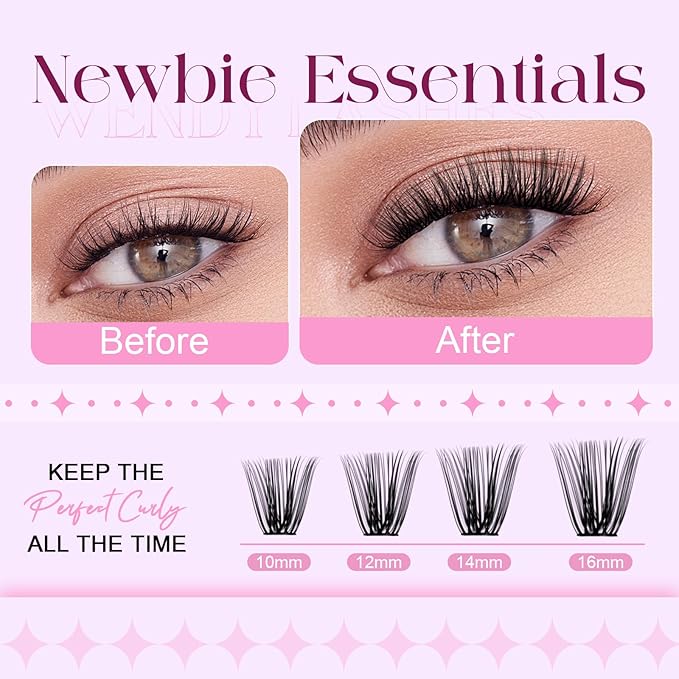 Lash Clusters 30D+40D+50D+60D+80D+100D Wispy Individual Lashes C-Curly Volume Lash Extensions 10-16mm Natural DIY Cluster Lashes for Beginners