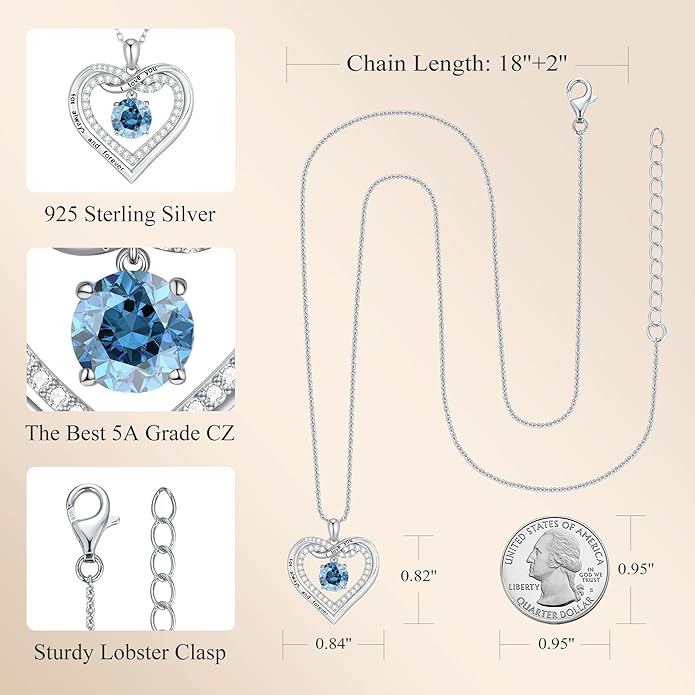 G&GEMSJEW Infinity Heart Birthstone Necklaces for Women, 925 Sterling Silver Jewelry, Pendant Heart Necklaces Birthday Anniversary Christmas Gift for Women Wife Mom Girlfriend Lady