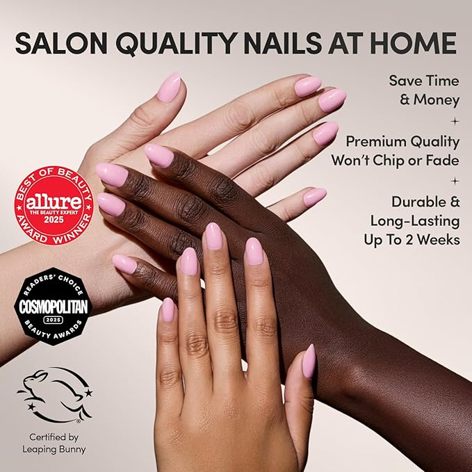 Glamnetic Press On Nails - Think Pink | Solid Opaque Light Pastel Pink Short Oval Nails, Salon Quality | 15 Sizes - 30 Nail Kit