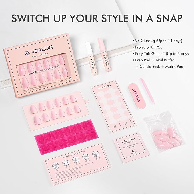 VSALON Press on Nails Short Almond - Pastel Baby Pink Fake Nails Kit for Women, Reusable Solid Opaque Soft Gel Glue on Nails with Glue, Protector Cuticle Oil - 32 PCS Stick on Nails in 16 Sizes