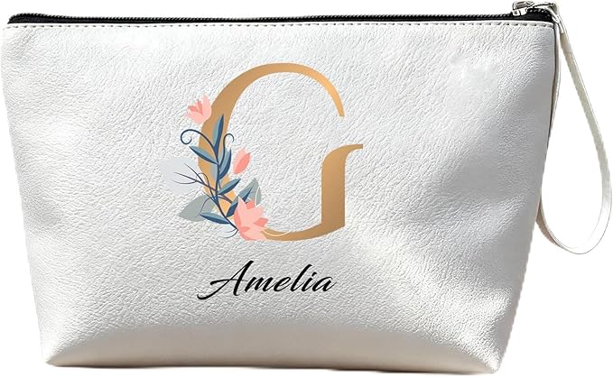 Personalized Makeup Bag Initial&Birth Flower Custom Small Travel Cosmetic Bag with Name Cute Makeup Bag for Women Girls