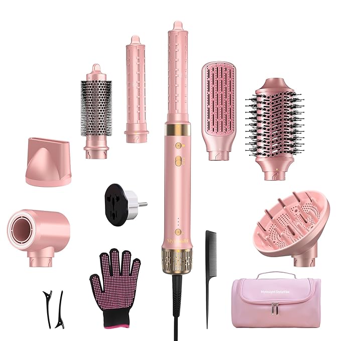 Mythsight Dual Voltage StyleVibe 8-in-1 Air Styler, Hair Dryer & Blow Dryer Brush with Travel Case - Auto Wrap Curls (L/R), Fast Drying, Thermal Brush for Blowouts & Frizz-Free Volume, No Heat Damage