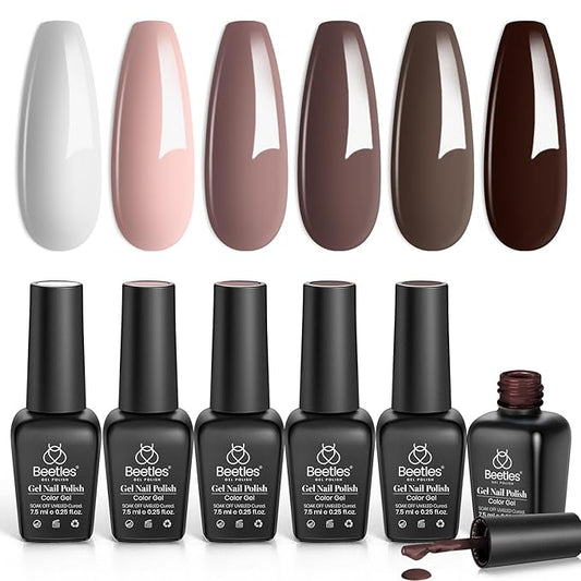 beetles Brown Gel Polish Set - 6 Colors Coffee Brown White Neutral Pink Nude Gel Nail Polish Caramel Cappuccino Soak off Uv Led Lamp Needed Nail Art DIY Spring Manicure Valentines Gift Set