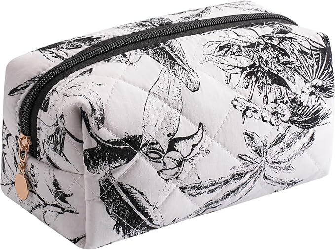 Cute Floral Makeup Bag Small Cotton Quilted Cosmetic Bag, Aesthetic Essential Bag Emergency Bag Gift for Women Girls Travel Accessories (Sketch Leaves)