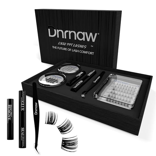 Luxury Lash Clusters Kit - Wispy & Fluffy Cluster Eyelash Extensions 8-16mm, 150H Wear | Korean Hypoallergenic PBT Fibers, Waterproof Glue & Seal | Gift Ready Premium Box (Volume-black box)