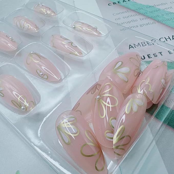 Almond Press on Nails Medium Fake Nails Press ons with Designs Flower Petals False Nails Full Cover Acrylic Nail Tips Press on Nail Reusable French Nails Stick on Nails for Women Manicure Decor 24Pcs