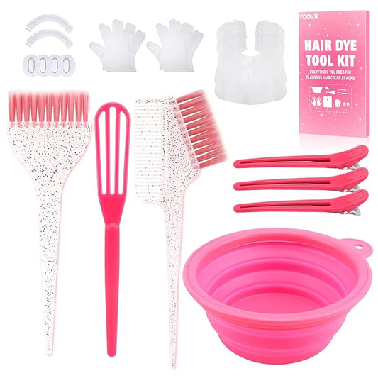 YOOVR 19PCS Hair Bleach Dye Kit with Hair Dye Brush and Bowl Whisk Hair Clips Protective Gear Set, Ideal for Hair Bleaching Coloring Highlighting, Essential Salon Supplies for Home Use (Pink)