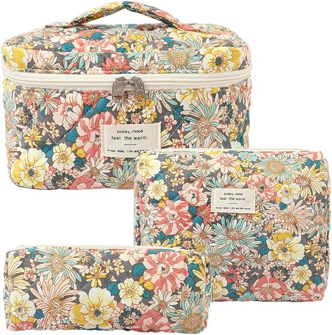 Makeup Bag, 3 PCS Quilted Makeup Bag, Cute Floral Cotton Cosmetic Bag set, Coquette Makeup Pouch Large Travel Toiletry Bag