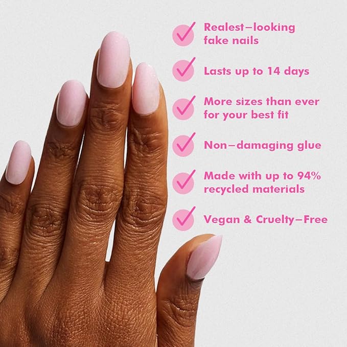 Olive & June Instant Mani Press-On Nails | (Glue) Medium, Oval 42 Fake Nails, 21 Sizes | Non-Toxic, Long-Lasting Recycled Materials Realistic Look | Salon-Quality at Home | Iridescent Pink