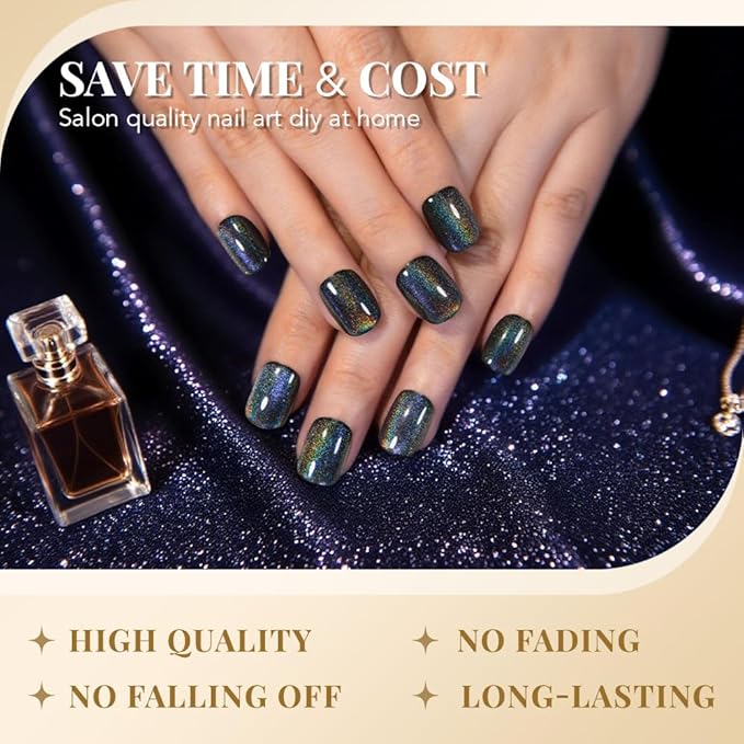 evpct Black Chrome Cat Eye Short Press on Nails Square, Short Square Stick on Nails for Women Gift, Black Metallic Glitter Glossy Reusable Spring Summer Soft Gel Press on Acrylic Fake Nail with Design
