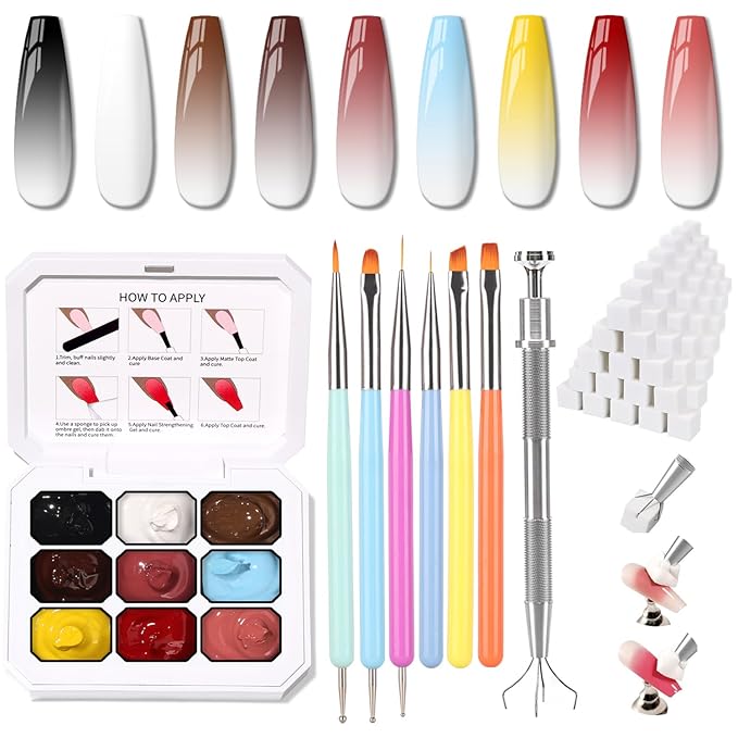 Karroy Christmas Gel Polish, 9 Colors Ombre Patting Gel Nail Polish Palette 100 Sponges 6 Brushes 1Grabber, Blending Color Gradient Painting Nails Art, No Wipe, UV/LED Cured (Set 04)