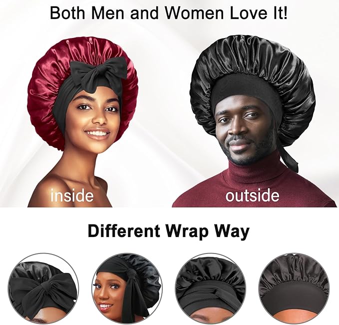 Double Layered Silk Satin Bonnet with Tie for Sleeping Black Women, Wide Band Large Hair Wrap Sleep Cap for Curly Hair Braid