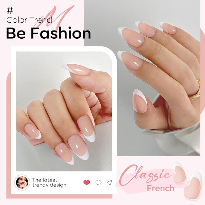 Modelones French Tip Press on Nails Almond, Valentine's Day Short Almond Fake Nails, Reusable Nail Kit with Nail Glue Adhesive Tabs Mini Nail File, Nails Press Ons 32Pcs 16 Sizes