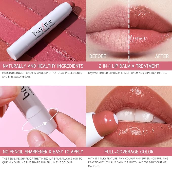 bayfree Tinted Lip Balm Plumper, Glossy, Pump Lips, Lightweight, Moisturize & Tint with Jojoba Seed Oil, Vegan Lipbalm Lip Care, Tea Camellia