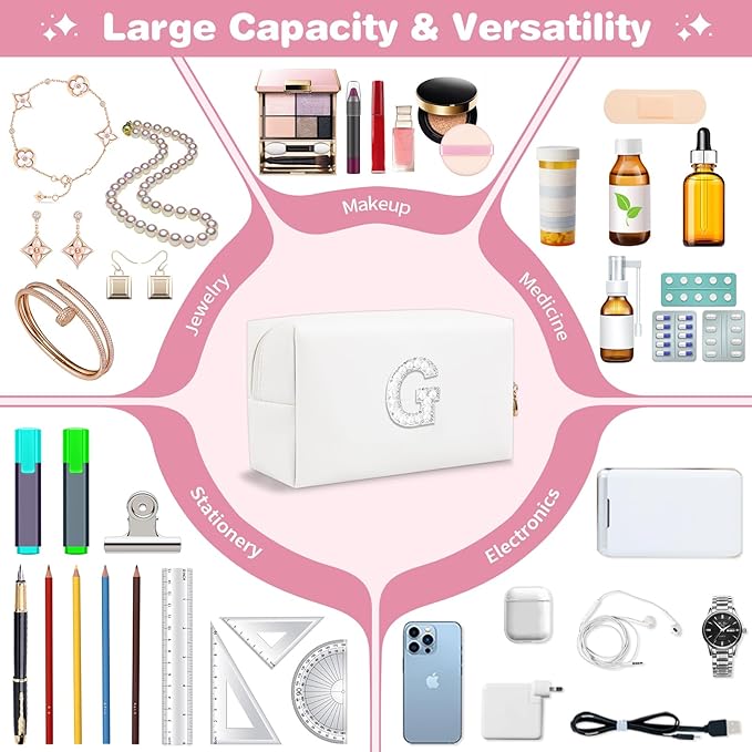 Bride Gifts – Personalized Initial Makeup Bag with Pearl Rhinestone Patch, Preppy White Monogram Cosmetic/Toiletry Pouch, bridesmaid Gifts, Bridal Shower Gifts, Wedding Gifts, Bridal Gifts,G