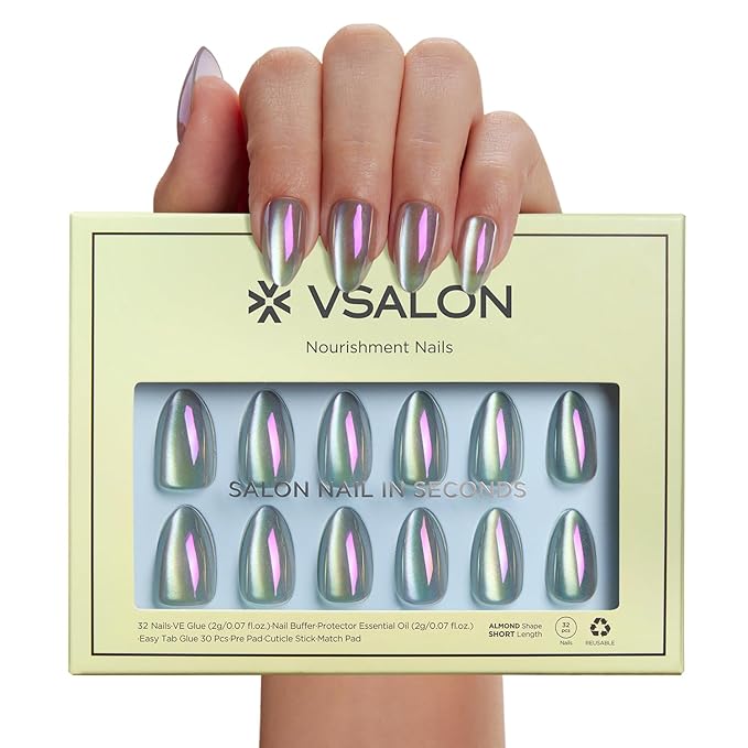 VSALON Press on Nails Short Almond - Holographic Chrome Cat Eye Nails Kit for Women, Reusable Aurora Effect Transparent Soft Gel Fake Nails with Glue - 32 PCS Stick On Nails in 16 Sizes