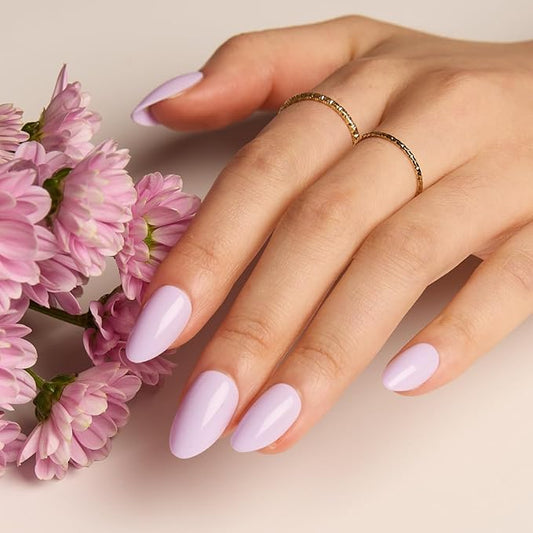 LAMIMOSA 32Pcs Lilac Press On Nails Short Almond – Soft Gel Fake Nails in 16 Sizes, Reusable Glue on Nail kit, LILAC