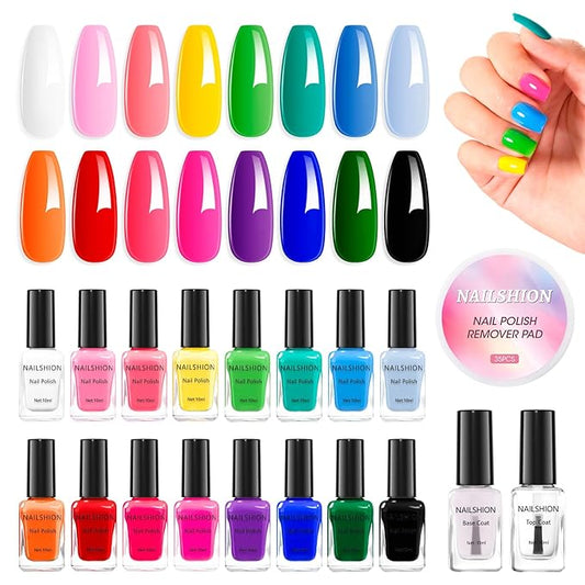 Nailshion Nail Polish 16 Colors Rainbow Air Dry Regular Nail Polish Set with Base Top Coat & Remover Pads| White Red Classic French Fingernail Polishes Non-gel Bulk Gift for Nail Art Lovers