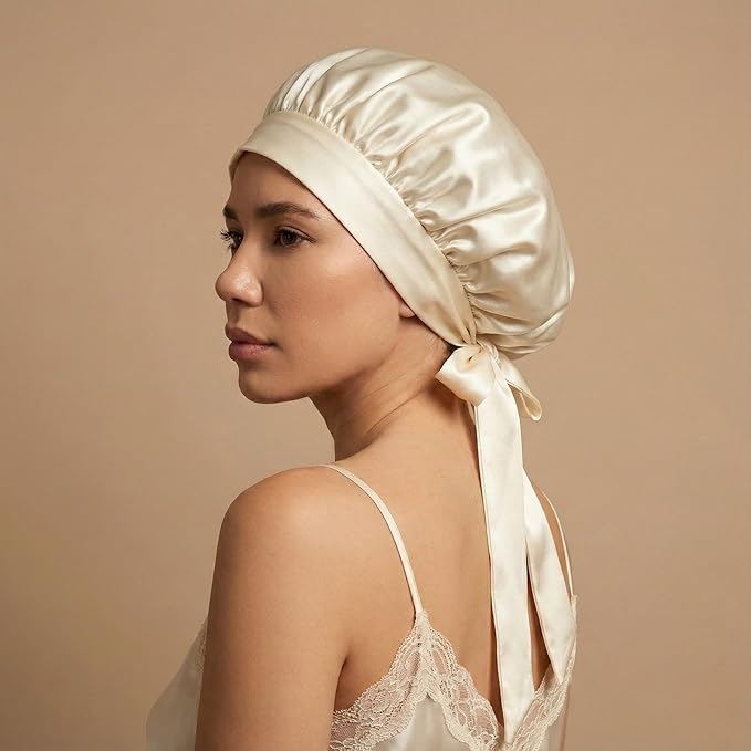 100% Mulberry Silk Hair Sleep Bonnet - Reversible Sleep Bonnet for Women, Wide Band Adjustable Tie, Night Cap for Curly Hair