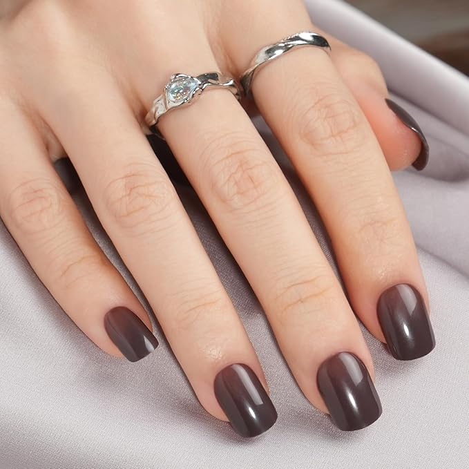 Square Coffee Brown Press on Nails Short, Jofay Fashion Winter Fall Solid Color False Nails with Glue, Comfortable & Natural Acrylic Fake Nails, Glue on Nails for Women Girls Gift