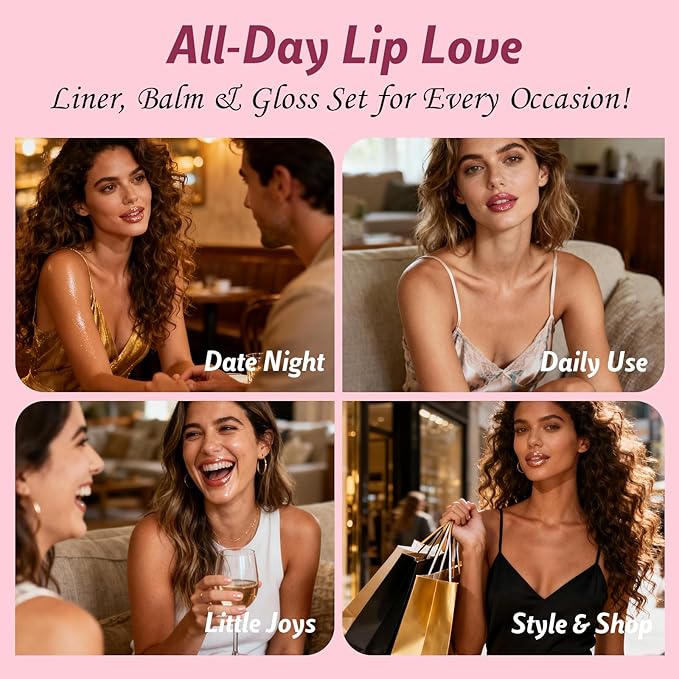 3PCS Lip Combo Set - Matte Lip Liner Pencil + Hydrating Tinted Lip Balm + Juicy Lip Gloss Tint, Non-Sticky, Long-Lasting, High Pigment Lip Makeup Kit (Juicy Plum Set)