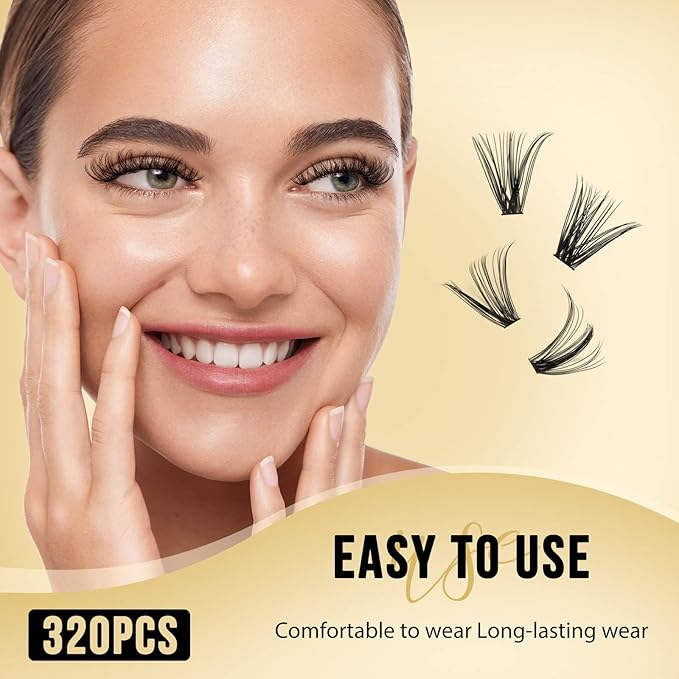 QUEWEL Lash Clusters 320Pcs Cluster Lashes 30D+40D D Curl Lash Cluster Eyelash Extensions Mix12-18mm Individual Eyelashes Clusters Wispy Lash Clusters Thin Band Soft to Use at Home(30D+40D D Mix12-18)