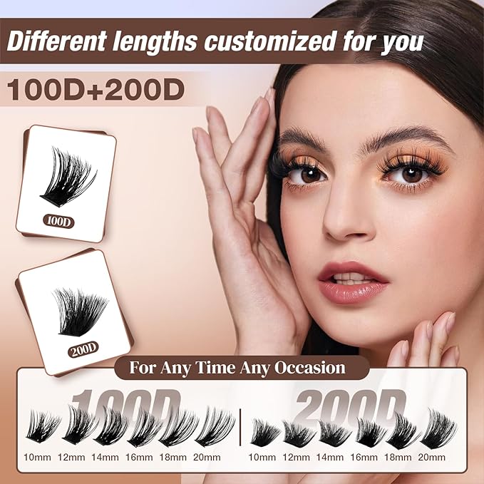 Lash Clusters Kit, DIY Cluster Eyelash Extensions 10‑20mm, 100D+200D, 156pcs Fluffy D Curl Natural Lashes–Fake Cat Eye Individual Clusters