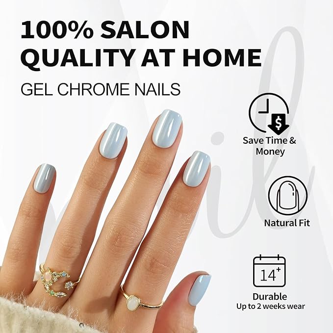 SHANGMENG Chrome Press on Nails Square - Soft Gel Blue Press on Nails Short for Women Gift, Glossy & Natural Stick on Nails with Glue in 16 Sizes - 32 Reusable Fake Nails, Aurora Light Blue