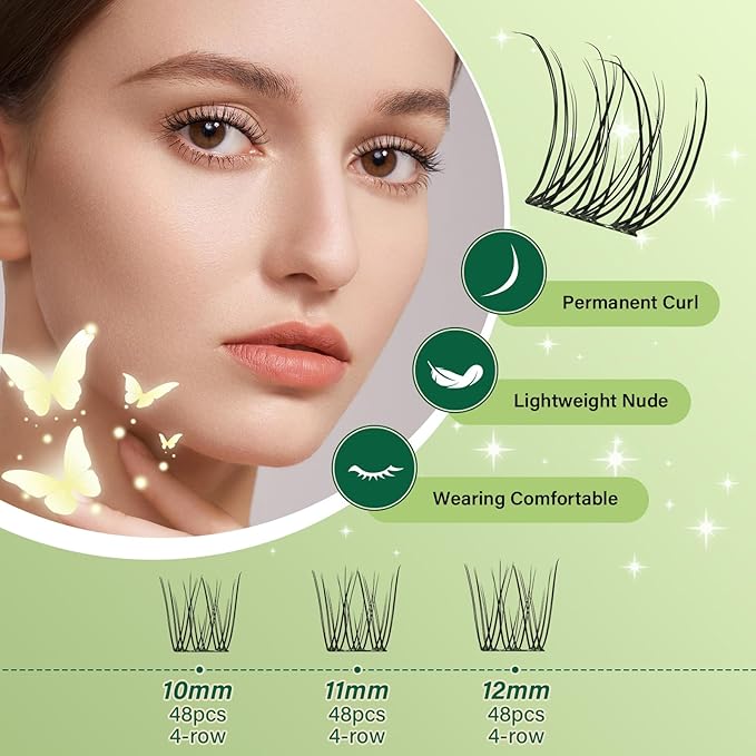 KEYYOU Natural Lash Clusters Kit 144Pcs DIY Lash Extension Kit Wispy Eyelash Extensions Kit D Curl 10-12MIX with Bond and Seal and tweezers with Thin Lash Band(KIT-N05-D-10-12MIX)