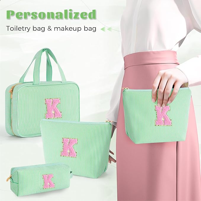 Teen Girl Gifts Trendy Stuff | Cute Toiletry Makeup Bag for Girls - Cosmetic Bags for Women | Initial Make Up Bag | Personalized Gifts for Women Friends | Skin Care Bag - Green K
